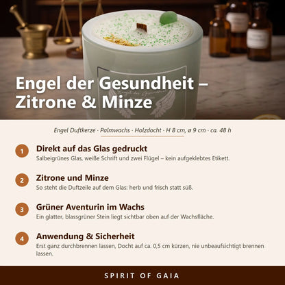 Infografik zur Engelkerze Engel der Gesundheit von Zarya: Aufdruck direkt auf dem Glas, Duft Zitrone und Minze, Holzdocht, Anwendung und Sicherheit
