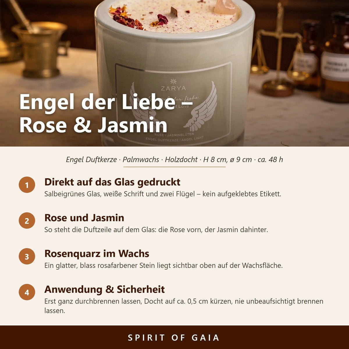 Infografik zur Engelkerze Engel der Liebe von Zarya: Aufdruck direkt auf dem Glas, Duft Rose und Jasmin, Holzdocht, Anwendung und Sicherheit