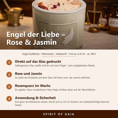 Infografik zur Engelkerze Engel der Liebe von Zarya: Aufdruck direkt auf dem Glas, Duft Rose und Jasmin, Holzdocht, Anwendung und Sicherheit