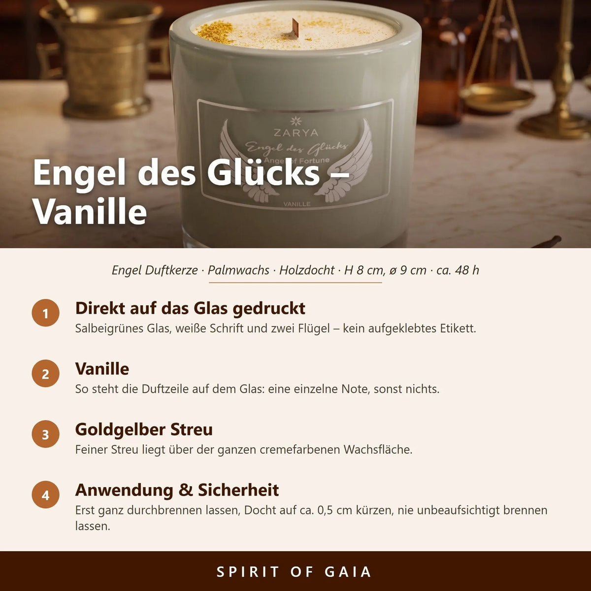 Infografik zur Engelkerze Engel des Glücks von Zarya: Aufdruck direkt auf dem Glas, Duft Vanille, Holzdocht, Anwendung und Sicherheit