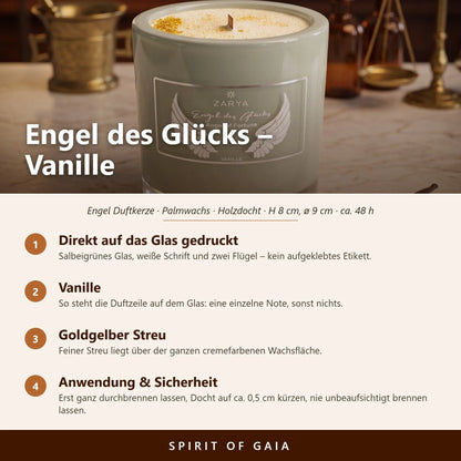 Infografik zur Engelkerze Engel des Glücks von Zarya: Aufdruck direkt auf dem Glas, Duft Vanille, Holzdocht, Anwendung und Sicherheit