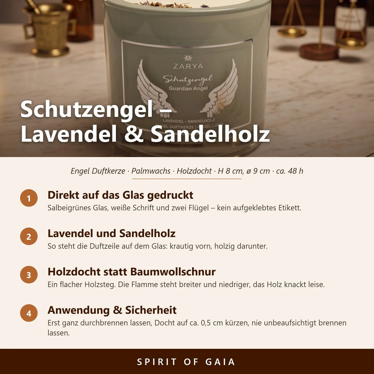 Infografik zur Engelkerze Schutzengel von Zarya: Aufdruck direkt auf dem Glas, Duft Lavendel und Sandelholz, Holzdocht, Anwendung und Sicherheit