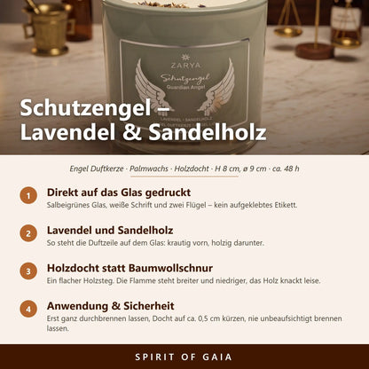 Infografik zur Engelkerze Schutzengel von Zarya: Aufdruck direkt auf dem Glas, Duft Lavendel und Sandelholz, Holzdocht, Anwendung und Sicherheit