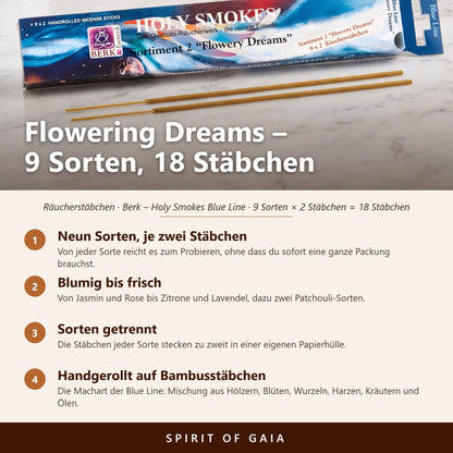 Infografik zum Blue Line Sortiment 2 Flowering Dreams: neun blumige Sorten mit je zwei Stäbchen, handgerollt, Sorten getrennt