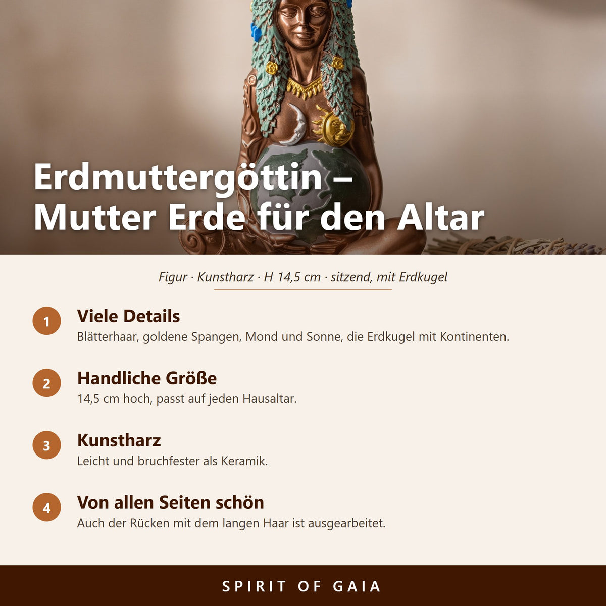 Übersicht zur Erdmuttergöttin: viele Details, handliche Größe, Kunstharz, von allen Seiten ausgearbeitet