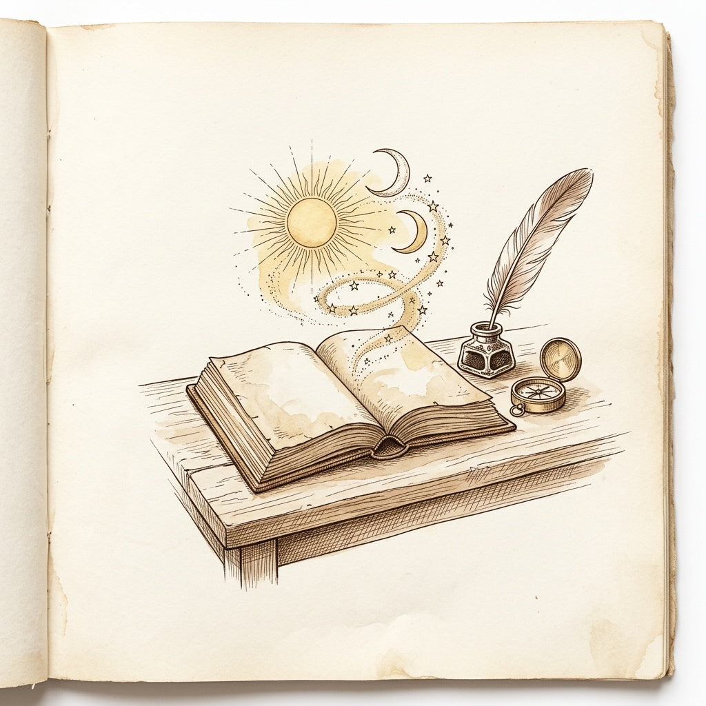 Skizze: ein aufgeschlagenes altes Buch auf einem Schreibtisch, aus den Seiten steigen Sonne, Mondsichel und eine Spirale aus Sternen auf, daneben Tintenfass, Feder und ein kleiner Messingkompass