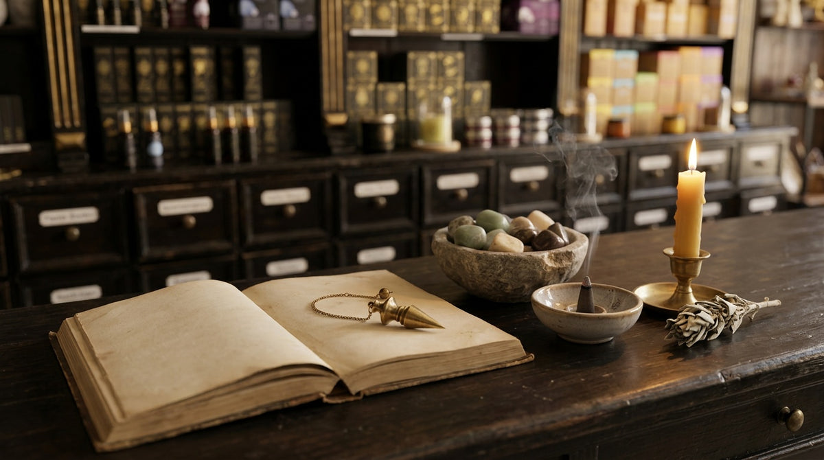 Ladentisch mit einem aufgeschlagenen alten Buch, einem Messingpendel, einer Schale Trommelsteine, einer rauchenden Räucherschale, einer Kerze und Salbei vor dunklen Apothekerschränken
