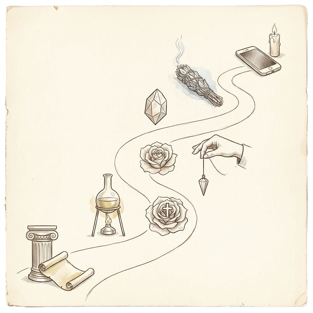 Skizze: ein geschwungener Weg mit kleinen Zeichnungen, einer griechischen Säule und Schriftrolle, einem Alchemistenkolben über der Flamme, einer Rose mit Kreuz, einem Pendel, einem Kristall, einem Salbeibündel, einer Kerze und einem Smartphone