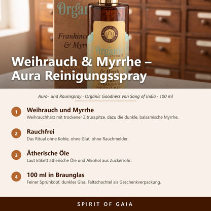 Übersicht zum Aura Reinigungsspray Weihrauch und Myrrhe: Duft, rauchfreie Anwendung, ätherische Öle und Füllmenge 100 ml