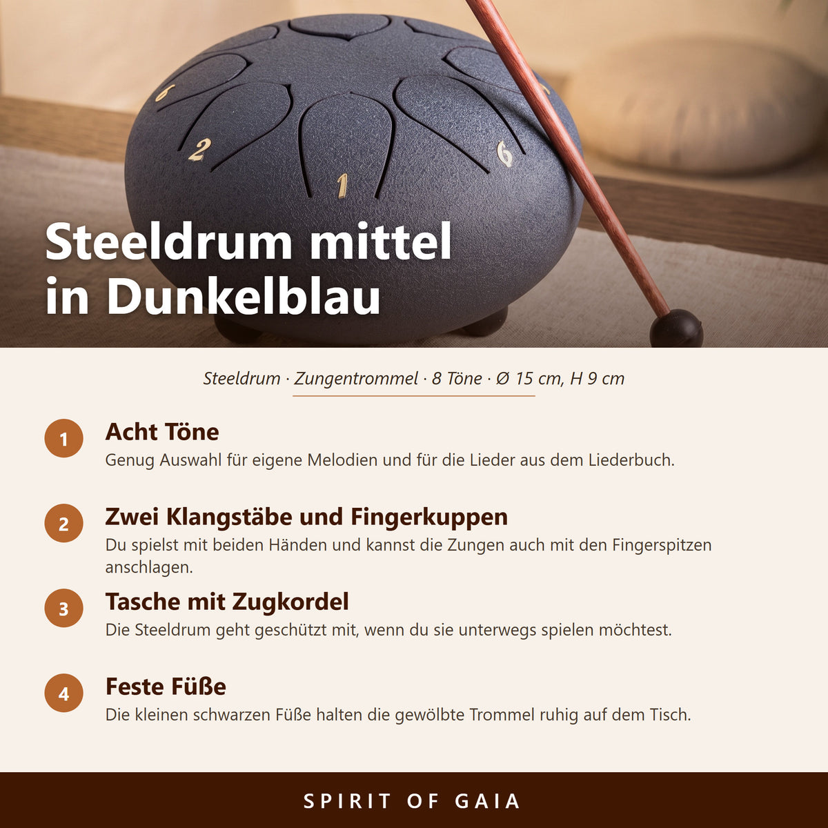 Übersicht zur mittleren dunkelblauen Steeldrum: acht Töne, Maße, Zubehör und Klangstab