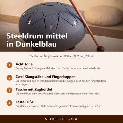 Übersicht zur mittleren dunkelblauen Steeldrum: acht Töne, Maße, Zubehör und Klangstab