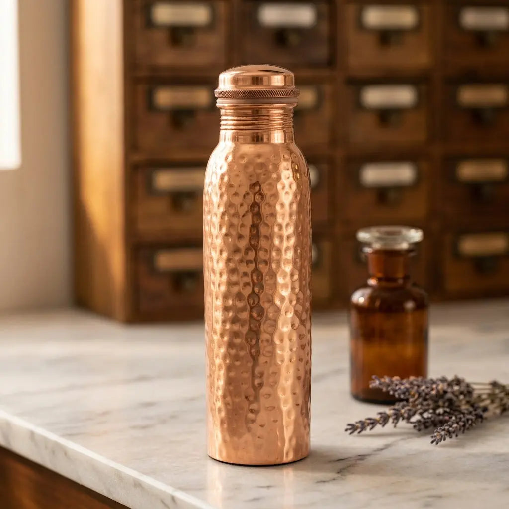 Gehämmerte Kupfer-Trinkflasche mit Lavendel und Apothekerfläschchen im Apotheker-Look