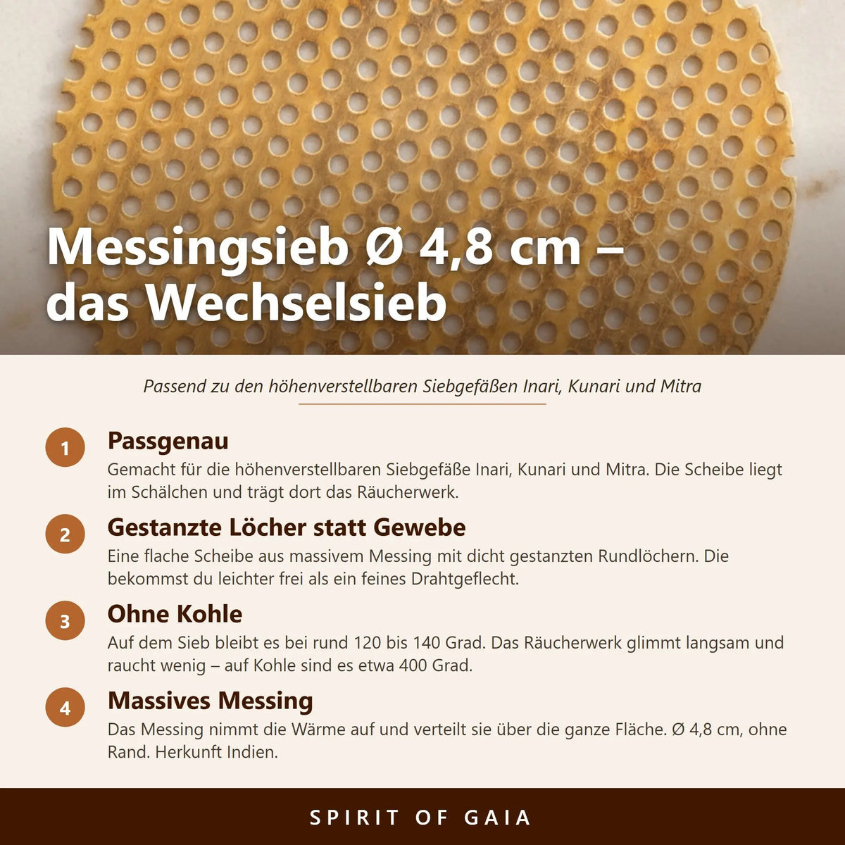 Flaches Messingsieb mit gestanzten Rundlöchern als Wechselsieb für höhenverstellbare Siebgefäße – Infografik mit den wichtigsten Angaben