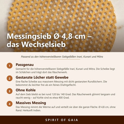 Flaches Messingsieb mit gestanzten Rundlöchern als Wechselsieb für höhenverstellbare Siebgefäße – Infografik mit den wichtigsten Angaben