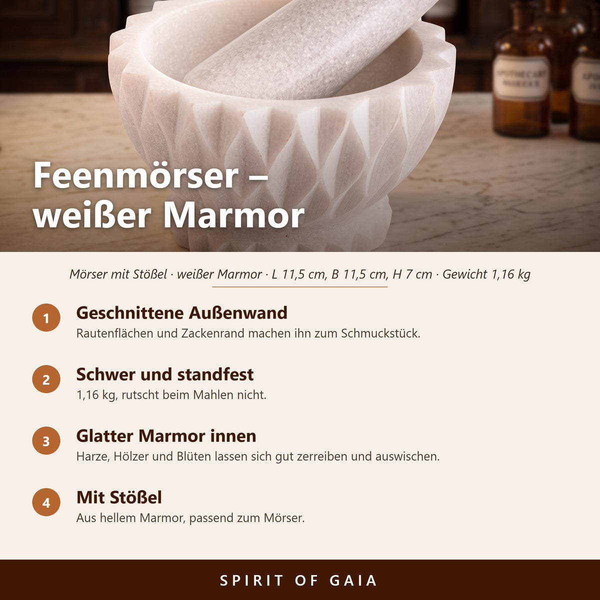 Übersicht zu Feenmörser aus weißem Marmor: Geschnittene Außenwand, Schwer und standfest, Glatter Marmor innen, Mit Stößel