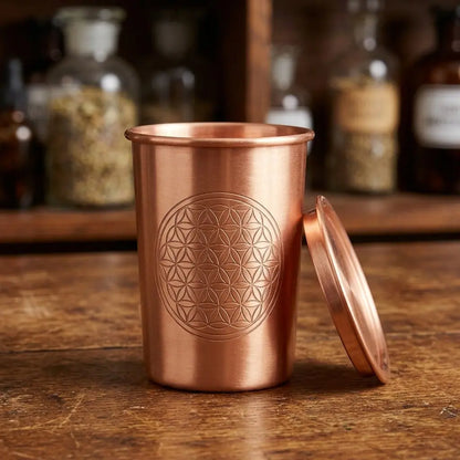 Kupferbecher Flower of Life mit Deckel aus seitlichem Blickwinkel im Apothekerregal
