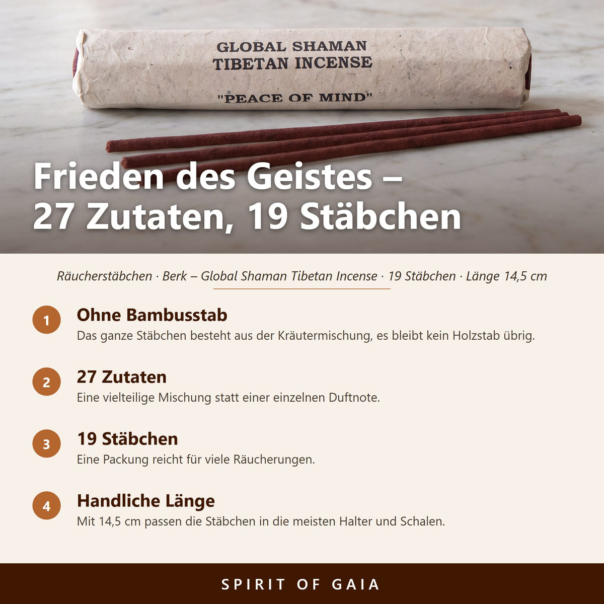 Infografik zu den tibetischen Räucherstäbchen Frieden des Geistes (Peace of Mind): 27 Zutaten, 19 Stäbchen, ohne Bambusstab, 14,5 cm Länge