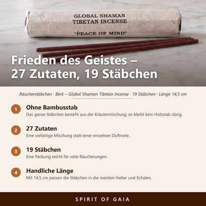 Infografik zu den tibetischen Räucherstäbchen Frieden des Geistes (Peace of Mind): 27 Zutaten, 19 Stäbchen, ohne Bambusstab, 14,5 cm Länge