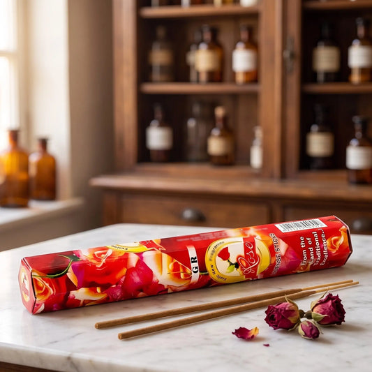 GR Rose Räucherstäbchen: Sechseck-Packung auf einer Marmortheke vor einem Apothekerschrank, daneben zwei lose Räucherstäbchen – Spirit of Gaia