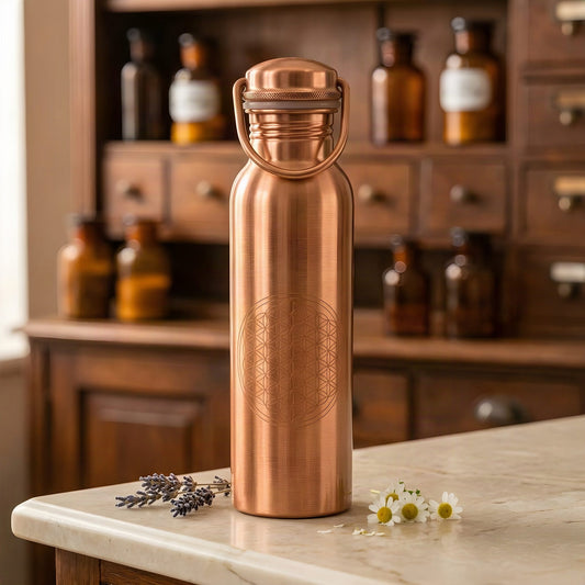 Matt gebürstete Kupfer-Trinkflasche mit Blume des Lebens und Bügelgriff auf Marmortheke vor Apothekerschrank – Spirit of Gaia