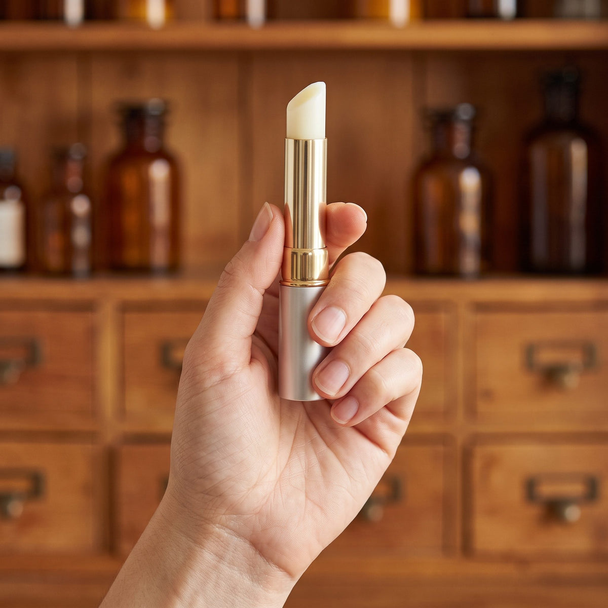 Hand hält den geöffneten Augenstift mit goldfarbener Hülse vor einem Holzschrank