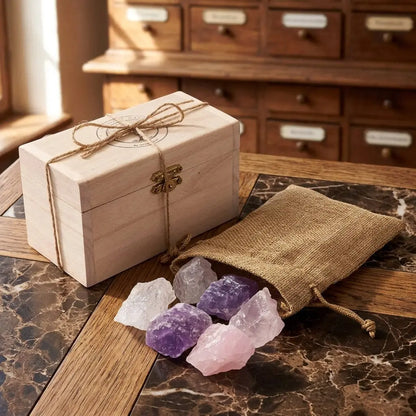 Wassersteine Grundmischung im Holzkästchen mit Amethyst, Rosenquarz und Bergkristall, Rohsteine neben offenem Jutesäckchen – Spirit of Gaia