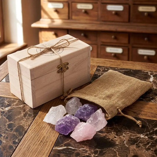 Wassersteine Grundmischung im Holzkästchen mit Amethyst, Rosenquarz und Bergkristall, Rohsteine neben offenem Jutesäckchen – Spirit of Gaia
