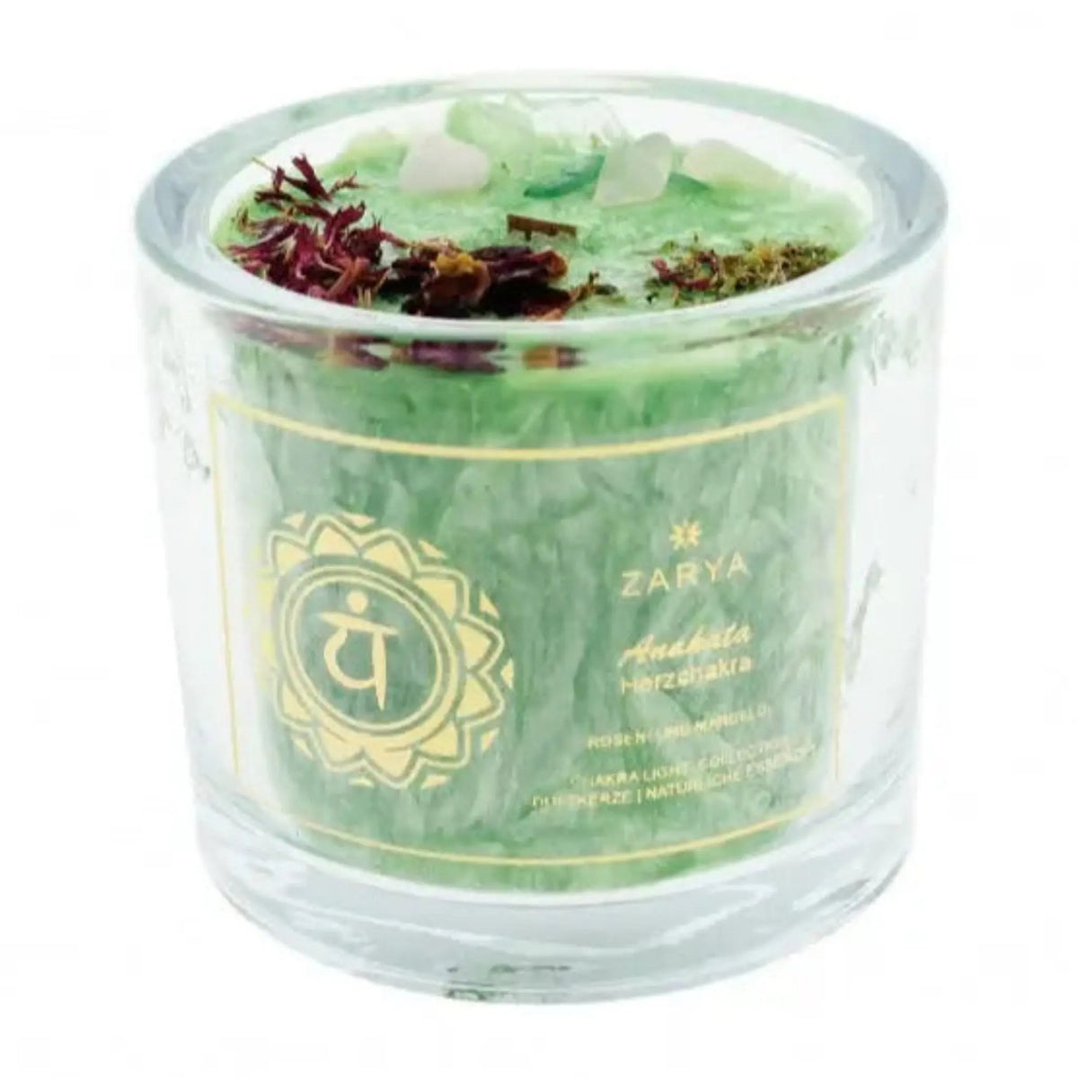 Chakra-Kerze Herzchakra Anahata mit Fluorit und Rosenquarz, Duft Rose und Mandel, Kerze im Glas, freigestellt auf Weiß