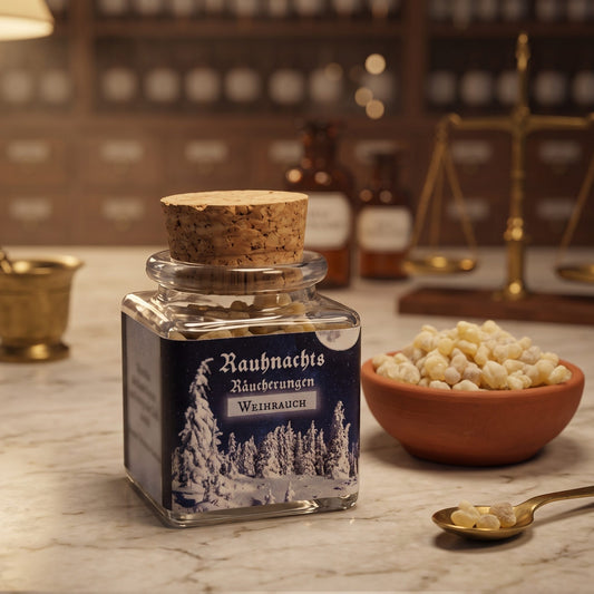 Weihrauch, Rauhnachts-Räucherung von Berk, 50 ml im Korkglas: Korkglas mit blauem Winteretikett auf der Marmortheke einer alten Apotheke am Abend, daneben eine Terracottaschale mit hellen Weihrauchtränen und ein Messinglöffel – Spirit of Gaia