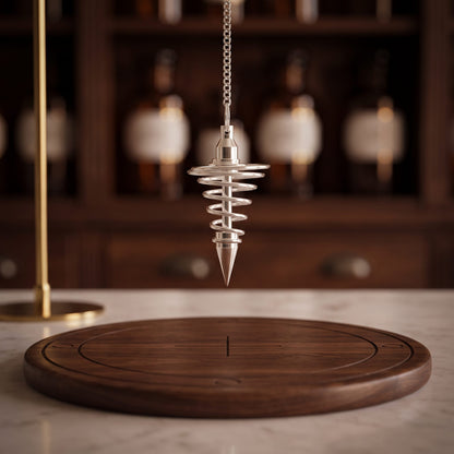 Spiralpendel aus versilbertem Messing, ca. 42 mm: hängt frei an seiner Kette über einem runden Pendelbrett aus Nussbaum, warme Abendstimmung – Spirit of Gaia