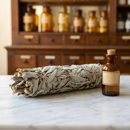 Weißes Salbeibündel XL auf Marmorablage vor einem Apothekerschrank – Spirit of Gaia
