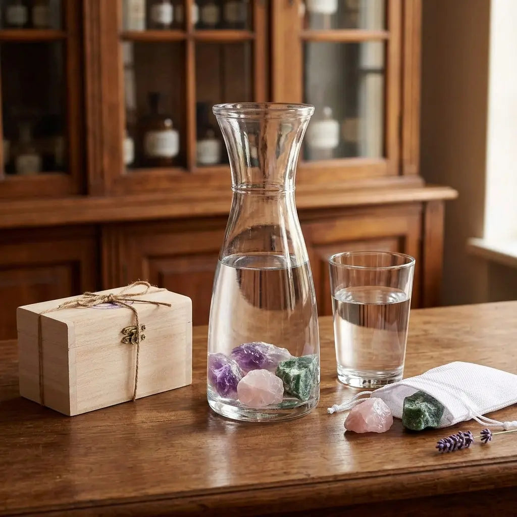 Wassersteine Entspannung im Holzkästchen mit Glaskaraffe (Steine im Wasser) und Wasserglas – Amethyst, Rosenquarz und Aventurin – Spirit of Gaia