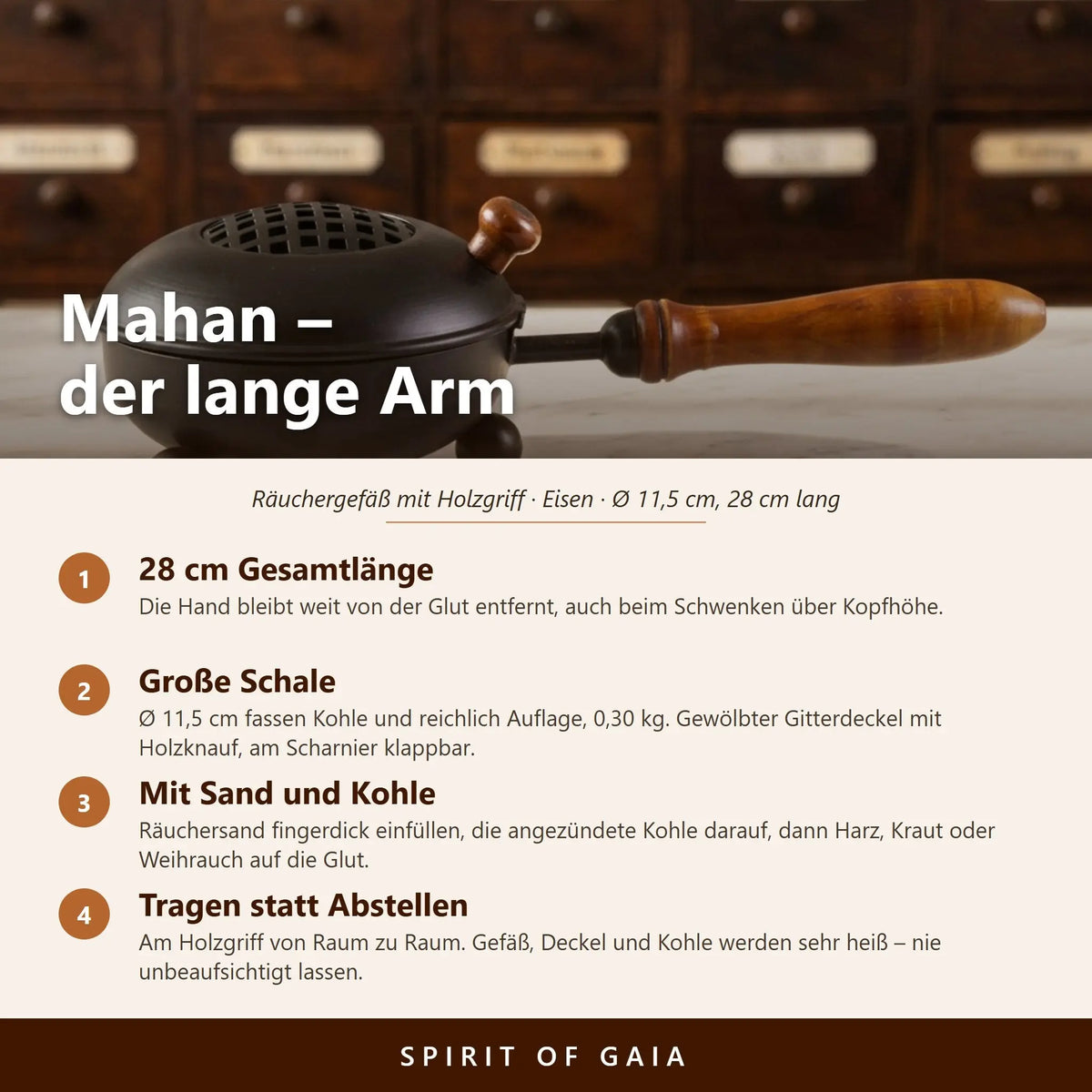 Infografik zur Gesamtlänge, der großen Schale, der Anwendung mit Räuchersand und Kohle und zum Tragen am Holzgriff