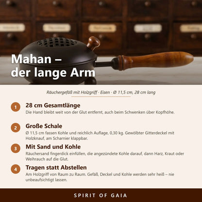 Infografik zur Gesamtlänge, der großen Schale, der Anwendung mit Räuchersand und Kohle und zum Tragen am Holzgriff