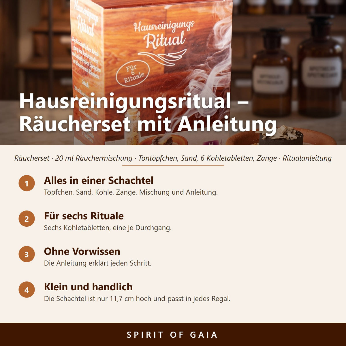 Übersicht zum Hausreinigungsritual: alles in einer Schachtel, für sechs Rituale, ohne Vorwissen, klein und handlich