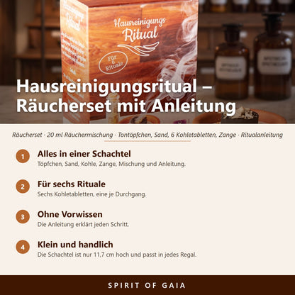 Übersicht zum Hausreinigungsritual: alles in einer Schachtel, für sechs Rituale, ohne Vorwissen, klein und handlich