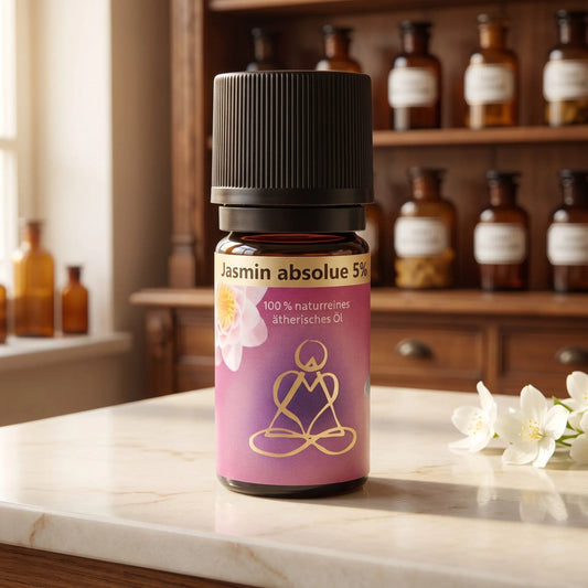 Ätherisches Öl Jasmin absolue: Fläschchen aus Braunglas auf Marmortheke vor Apothekerschrank, daneben Jasminblüten – Spirit of Gaia