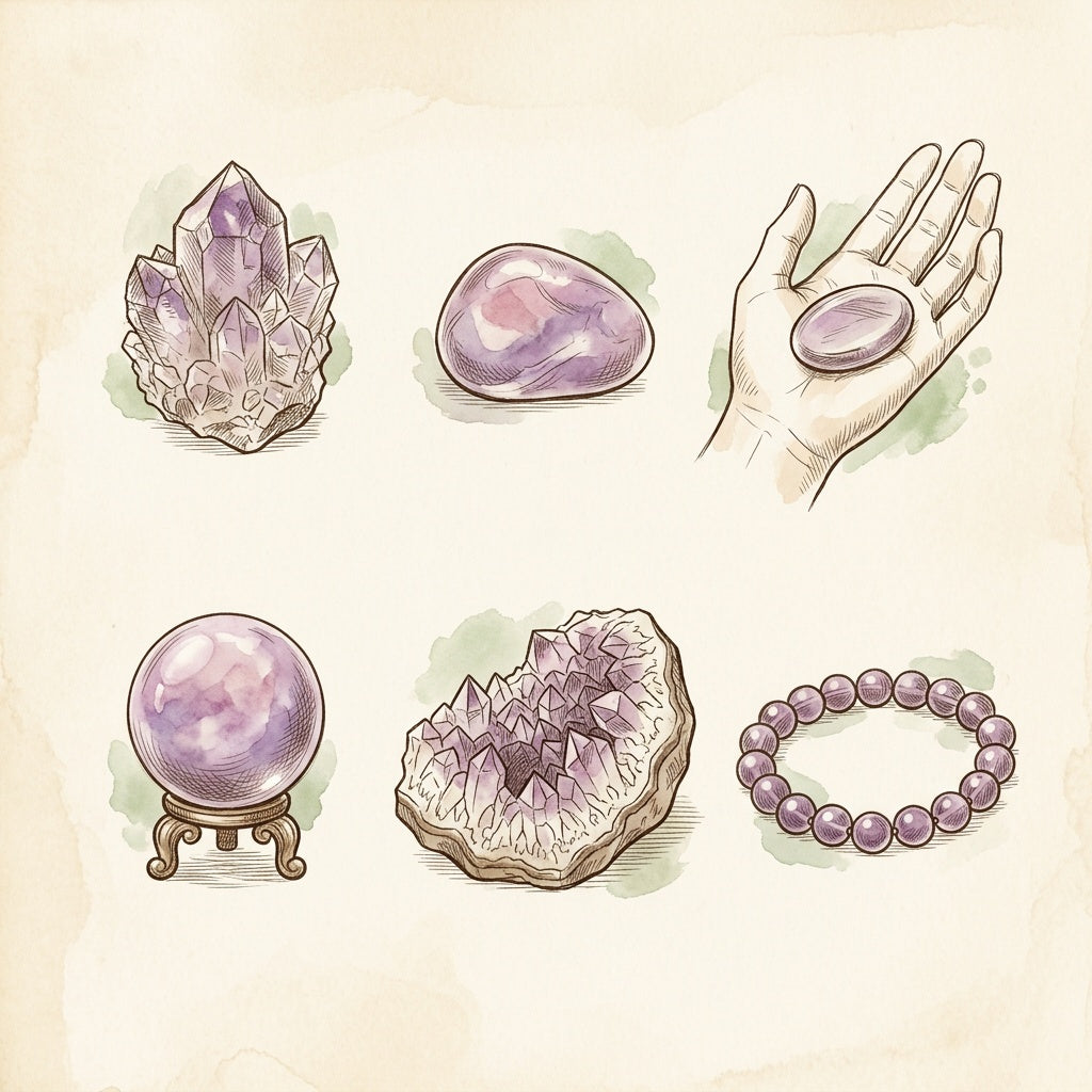 Skizze: sechs Formen nebeneinander, ein kantiger Rohstein, ein runder Trommelstein, ein flacher Handschmeichler in einer Hand, eine Kugel auf einem Ring, eine Amethystdruse und ein Kugelarmband