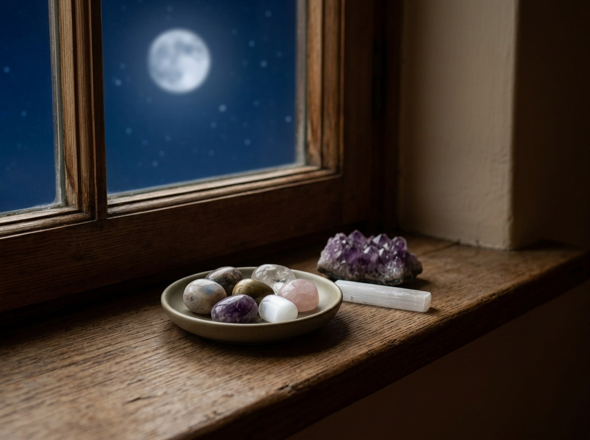 Eine Schale mit Trommelsteinen steht nachts neben einer Amethystdruse und einem Selenit auf einer Fensterbank im Mondlicht