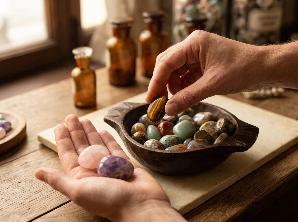 Eine Hand nimmt einen Tigerauge-Trommelstein aus einer Holzschale mit bunten Trommelsteinen, in der anderen Hand liegen ein Rosenquarz und ein Amethyst