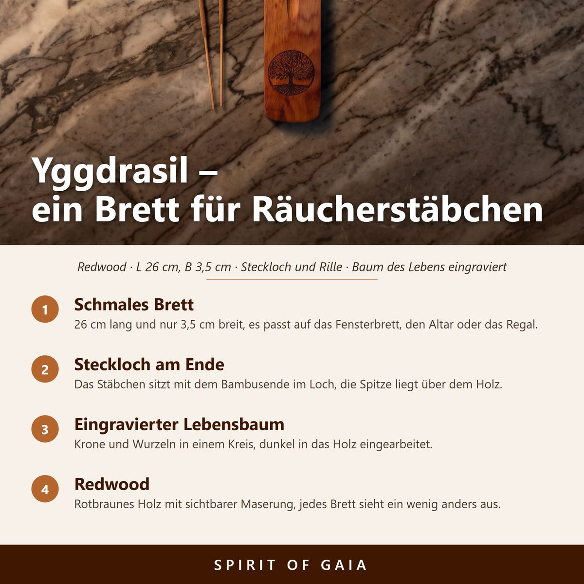 Übersicht zu Holzhalter Yggdrasil: Schmales Brett, Steckloch am Ende, Eingravierter Lebensbaum, Redwood