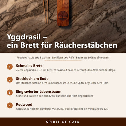 Übersicht zu Holzhalter Yggdrasil: Schmales Brett, Steckloch am Ende, Eingravierter Lebensbaum, Redwood