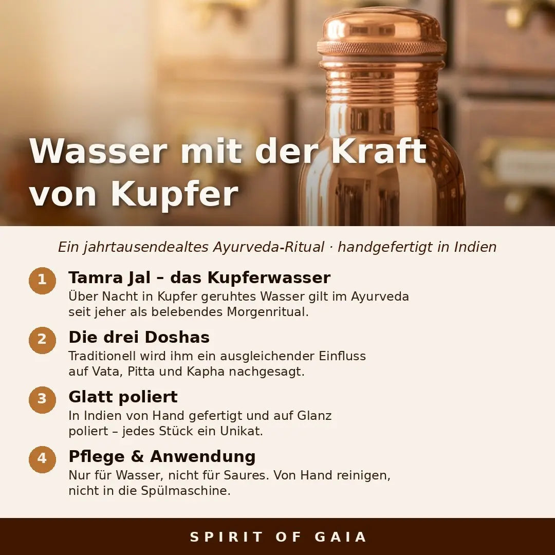 Infografik: Wasser mit der Kraft von Kupfer – Tamra-Jal-Ritual, Doshas und Pflege der Kupferflasche