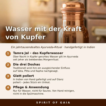 Infografik: Wasser mit der Kraft von Kupfer – Tamra-Jal-Ritual, Doshas und Pflege der Kupferflasche