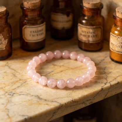 Rosenquarz Armband – rosa Edelstein-Kugelarmband (8 mm) auf Marmorablage im Apotheker-Stil