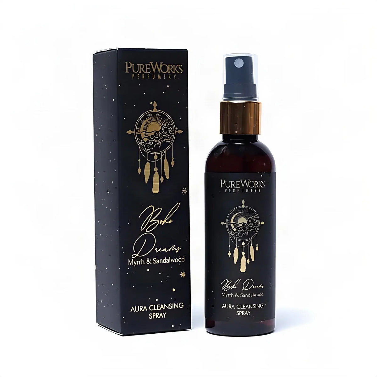 Aura-Spray Boho Dreams (Myrrhe & Sandelholz), Sprühflasche und Schachtel, freigestellt auf Weiß