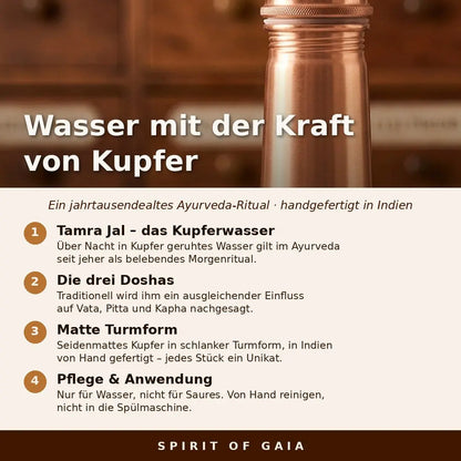 Infografik: Wasser mit der Kraft von Kupfer – Tamra-Jal-Ritual, Doshas und Pflege der Kupferflasche
