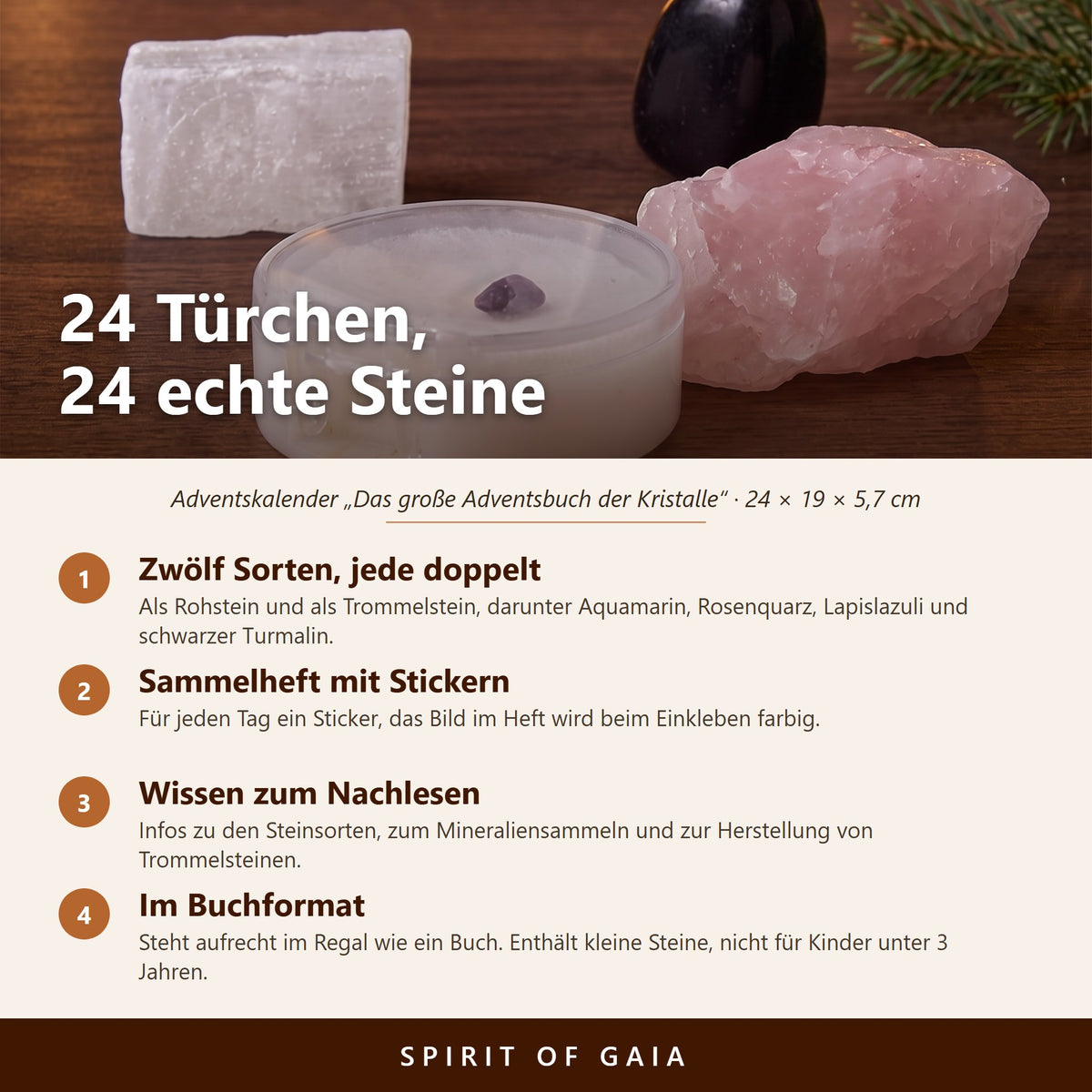 Infografik zum Adventsbuch der Kristalle: zwölf Steinsorten doppelt, Sammelheft mit Stickern, Buchformat