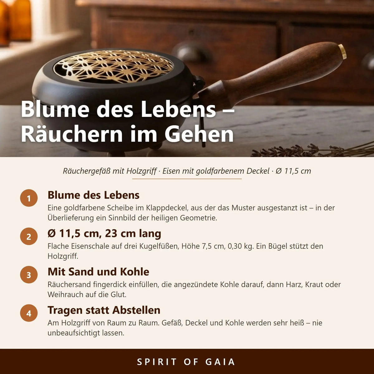 Infografik zu Motiv, Maßen, Anwendung mit Räuchersand und Kohle sowie zum Tragen am Holzgriff