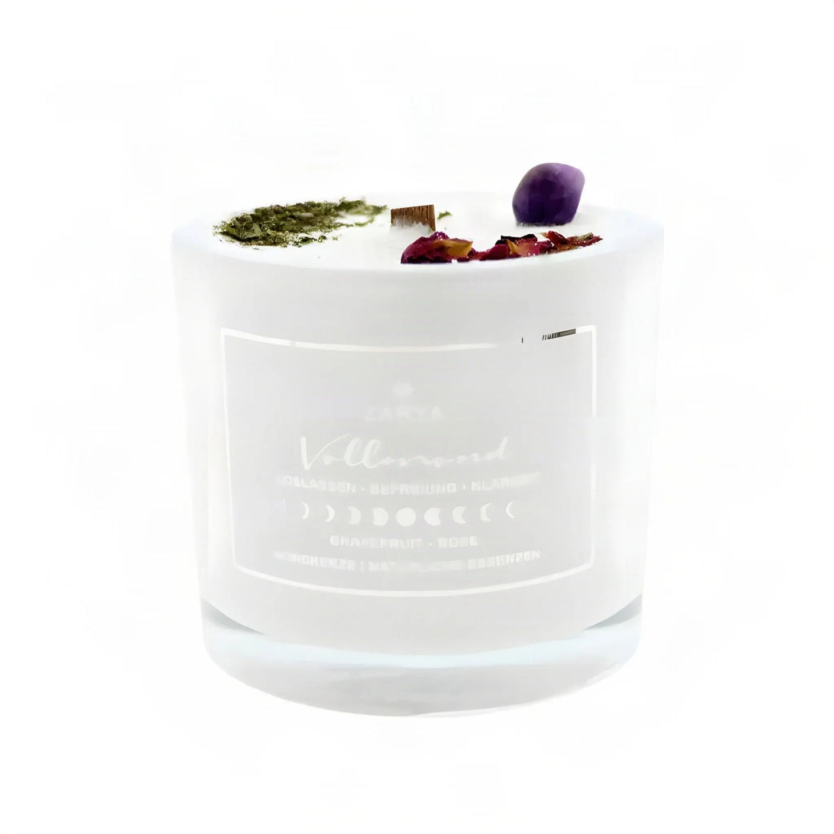 Zeremonie Kerze Vollmond mit Amethyst, Duft Grapefruit und Rose, Kerze im Glas, freigestellt auf Weiß